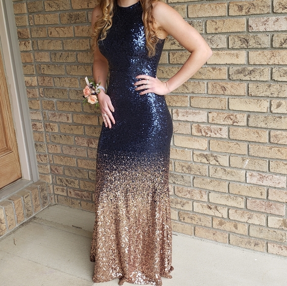 Lulu's Blue and Gold Ombre Halter Mermaid Dress! - Picture 2 of 9